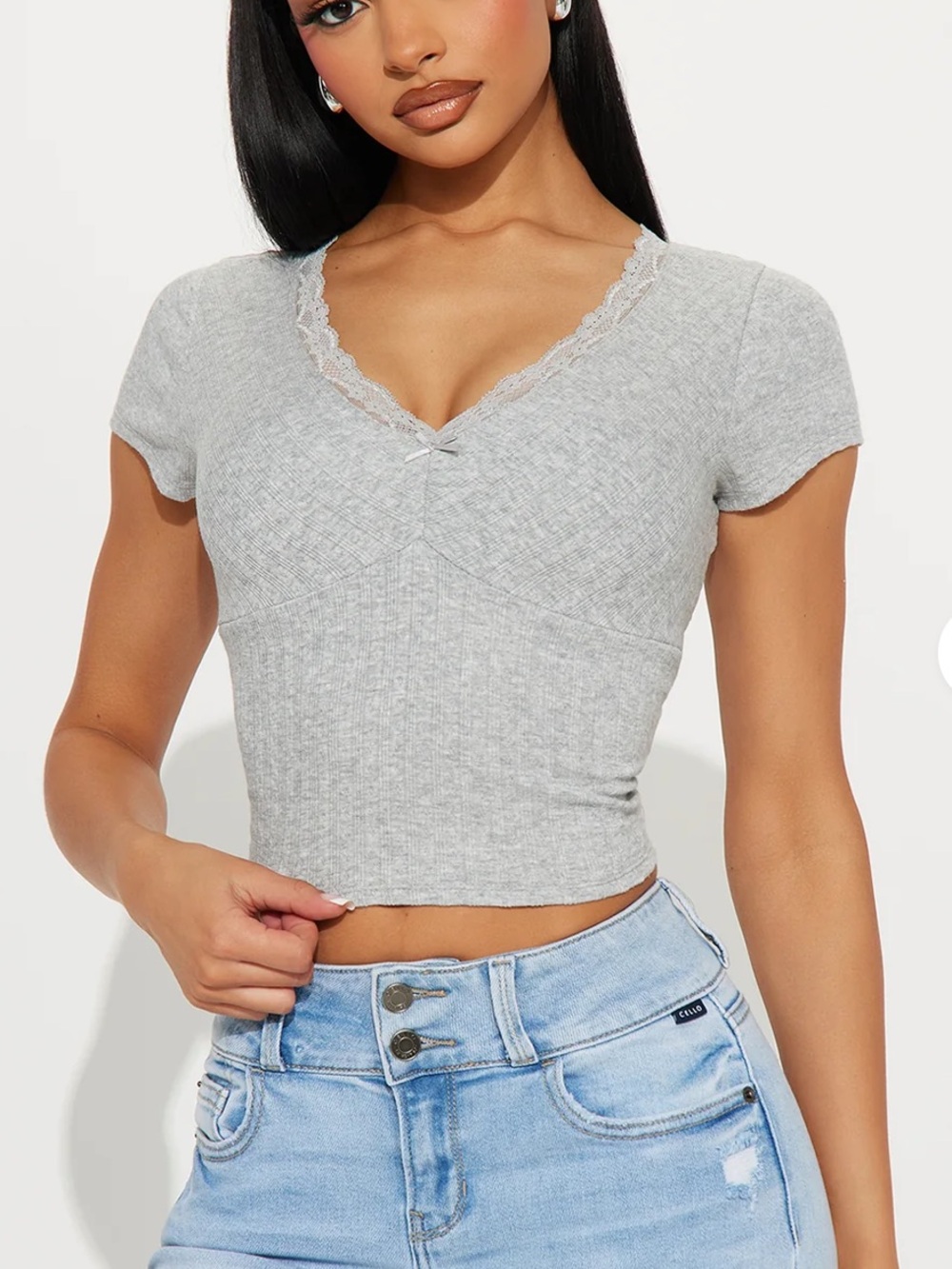 Heart & Hips Gray Lace-Trim Ribbed V-Neck Crop Top